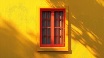 Vintage red window on red facade image. Vivid color building exterior with shadows photography scene photorealistic. Architectural style of old town concept photo realistic