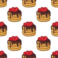 Golden brown pancakes stack topped with fresh raspberry. Seamless pattern isolated on white background vector