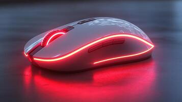 Futuristic gaming mouse with glowing red LED light image closeup. Computer device for data inputting close-up photography. Wireless hardware for gamers concept photo realistic