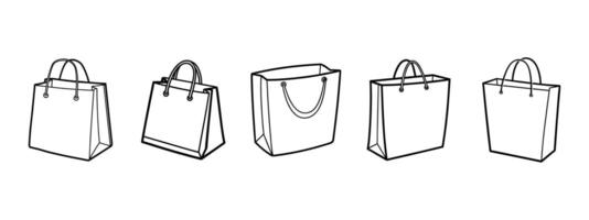 Five Shopping Bags in a Row with Black Outline on White Background vector