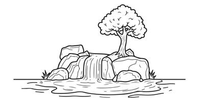 Waterfall with tree and rocks coloring page vector