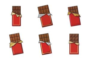 Chocolate bar in opened red wrap and foil isolated on white background, dessert, illustration in flat style. Chocolate bar on white background. Milk chocolate bar vector