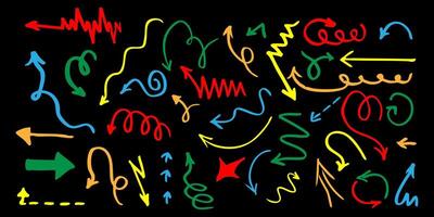 Crayon arrow sketches collection hand drawn doodle style pointers, curved lines, round swirls. Chaotic scribbling, artistic design elements set. Black grunge brush strokes isolated on white bg vector