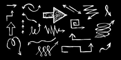 Crayon arrow sketches collection hand drawn doodle style pointers, curved lines, round swirls. Chaotic scribbling, artistic design elements set. Black grunge brush strokes isolated on white vector