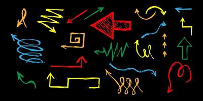 Crayon arrow sketches hand drawn doodle style pointers, curved lines, round swirls. Chaotic scribbling, artistic design elements set. Black grunge brush strokes isolated on white vector