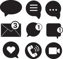 Bold black icon set with chat, message, call and alert symbols. Perfect for social UI design, apps, communication dashboards and alerts. vector