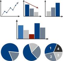 Infographic icon set featuring bar graphs, pie charts and financial charts. Ideal for dashboards, presentations and business reports. vector