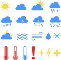 Bright weather icons with sun, rain, clouds, wind, alerts and temperatures. For weather apps, forecast UI, seasonal screens and news. vector