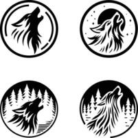 Black and White Wolf Illustration Sharp Line Art with Forest Background vector