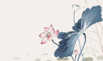 Horizontal version of Chinese style ink painting color lotus vector