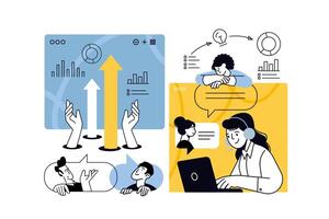 Creative illustrations of business growth, planning and strategy, project development, technical support, communication. vector