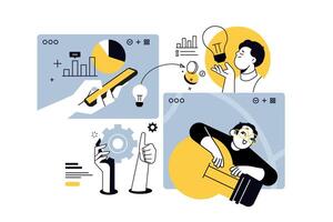 Creative illustrations of mobile business, crowdfunding, settings, big idea. concepts for web banner, social media banner, business presentation, marketing material. vector