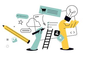 Creative illustration of internet services, ecommerce, cloud computing, social media, web development. concept for web banner, social media banner, business presentation, marketing material. vector