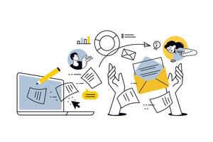 Creative illustration of online business, management, documents, communication, planning and business report. concept for web banner, social media banner, business presentation, marketing material. vector