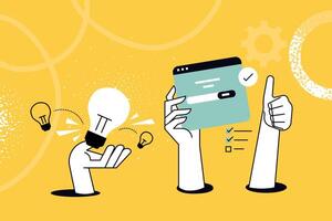 Creative illustration of startup idea, app and web development. concept for web banner, social media banner, business presentation, marketing material. vector