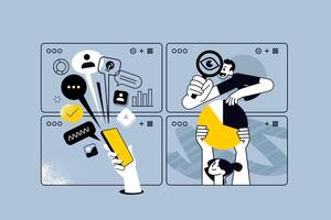 Creative illustrations of social network, mobile apps and services, searching and data analytics. concepts for web banner, social media banner, business presentation, marketing material. vector