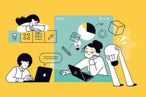 Business illustration of creative process, project development, teamwork. concept for web banner, social media banner, business presentation, marketing material. vector