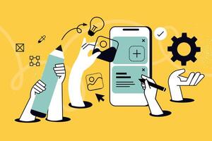 Creative illustration of mobile app development. concept for web banner, social media banner, business presentation, marketing material. vector