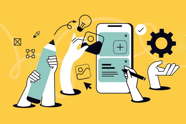 Creative illustration of mobile app development. concept for web banner, social media banner, business presentation, marketing material.