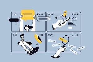 Creative illustrations of startup, project development and launch, communication, serch and browsing, data analytics, market research. vector