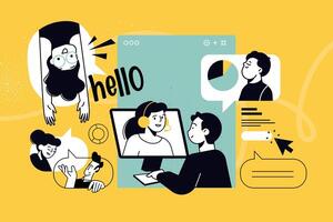 Creative illustration of online communication, support, social network. concept for web banner, social media banner, business presentation, marketing material. vector