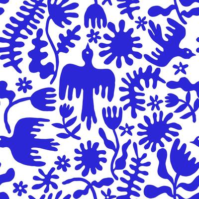 illustration, seamless pattern of abstract flowers and birds, blue spots.