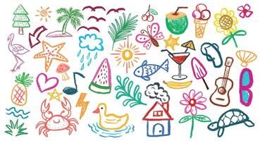 Crayon hand-drawn background with cute kids doodles. Color pencil sketch of flowers, houses, clouds, and summer elements. Fun and playful illustration vector