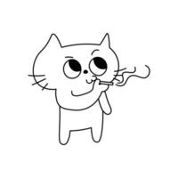 Cartoon cat smoking a cigarette with dreamy eyes, casual pose and expressive face, black and white line art. Fun and positive design perfect for coloring, stickers, emoji sets, or playful graphics vector