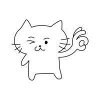 Cute cartoon cat winking and making OK hand gesture, playful and confident pose, black and white line art. Fun and positive design perfect for coloring, memes, stickers, emoji sets, layful graphics vector