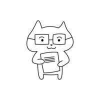Nerd cartoon cat with glasses holding a document, smart and professional character in line art style. Fun and positive design perfect for coloring, stickers, emoji sets, or playful graphics vector