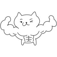 Muscular cartoon cat flexing arms and winking, exaggerated bodybuilder pose, black and white line art. Fun and positive design perfect for coloring, stickers, emoji sets, or playful graphics vector
