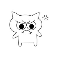 Angry cartoon cat with big eyes and frowning face, black and white line drawing. Fun and positive design perfect for coloring, stickers, emoji sets, or playful graphics vector