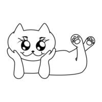 Cute cartoon cat lying down with big sparkling eyes, resting chin on paws, black and white line art. Fun and positive design perfect for coloring, stickers, emoji sets, or playful graphics vector