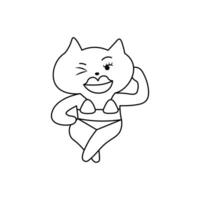 Cartoon cat in bikini striking a confident pose and winking, funny and sassy black and white line art. Fun and positive design perfect for coloring, stickers, emoji sets, or playful graphics vector