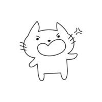 Angry cartoon cat with raised paw, puffed cheeks and annoyed expression, black and white outline art. Fun and positive design perfect for coloring, stickers, emoji sets, or playful graphics vector