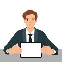 Man in a suit sits at a desk, confidently holding a tablet with a blank white screen. vector