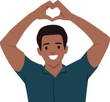 Cheerful man smiling while forming a heart shape with his hands above his head. vector