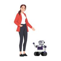 Woman interacts with a robot, The harmony between humans and technology in the modern era. vector