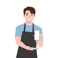 Smiling Barista Displaying a Smartphone. vector