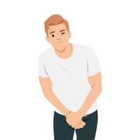 Man appears visibly uncomfortable and is holding his groin area, Need to urinate urgently. vector