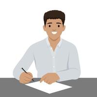 Smiling Man Signing a Document. vector