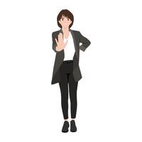 Confident woman is standing firmly with one hand raised in a stop gesture. vector
