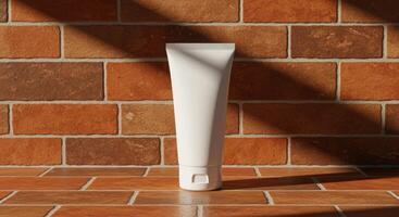 Minimalist White Cosmetic Tube on Brick Background photo