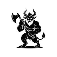 Fierce Demon Warrior A formidable demon warrior, with menacing horns and holding an ax, embodies the essence of raw power, rage, and the untamed. The illustration evokes intensity and defiance. vector