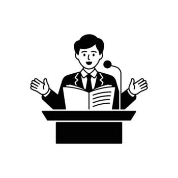 Public Speaker A minimalist monochrome depiction of a speaker, passionately presenting a message from a podium, clutching a book, with microphone ready to amplify. vector