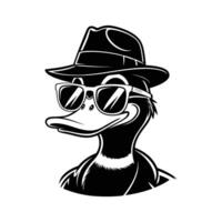 Cool Duck Portrait A stylish monochrome illustration of a duck donned in sunglasses and a hat, exuding an air of playful coolness and mysterious charm. vector