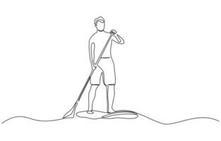 Continuous line man standing on paddle board. Single one line drawing happy boy paddle boarding. Summer beach concept. Continuous line draw design graphic illustration. vector
