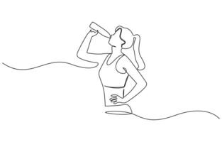 Continuous line drawing of sporty woman drink energy water from bottle, Drinking after exercising activity illustration in simple linear style pro design concept. vector