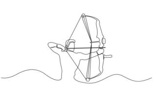 One single line drawing of young archer man focus exercising archery to hit the target, Archer bow athlete aiming target continuous one line drawing, Editable outline vector