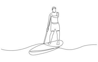 Continuous line man standing on paddle board. Single one line drawing happy boy paddle boarding. Summer beach concept. Continuous line draw design graphic illustration vector